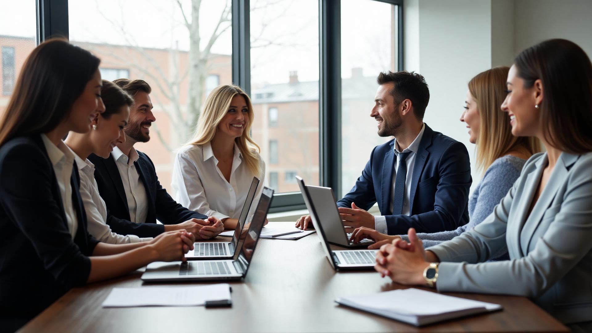 A professional team meeting around a conference table